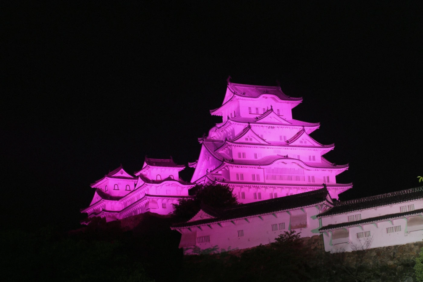 Himeji Castle keep lit up in pink at night during an awareness light-up in Himeji, Japan