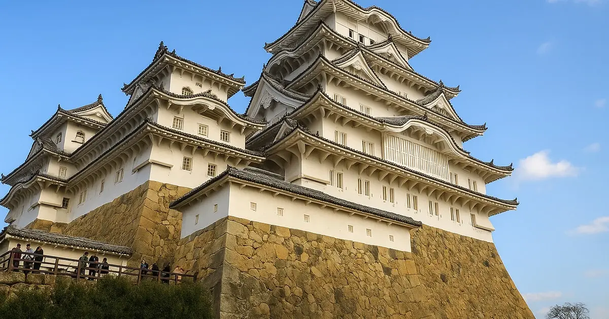 White keep of Himeji Castle rising above the cherry trees on the Himeji Castle samurai castle tour in Japan